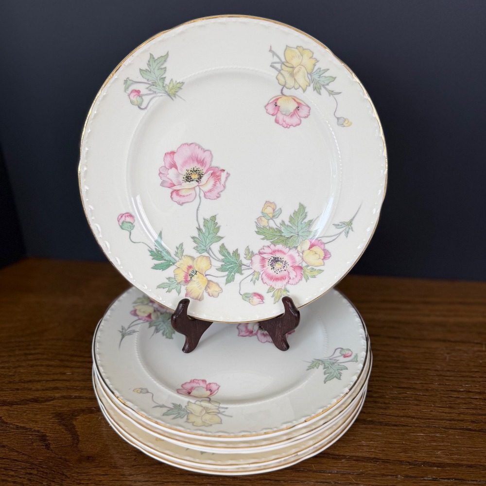 Crooksville China Co Vintage Poppy Floral Dinner Plates Set of 6 9.25" Gold Rim